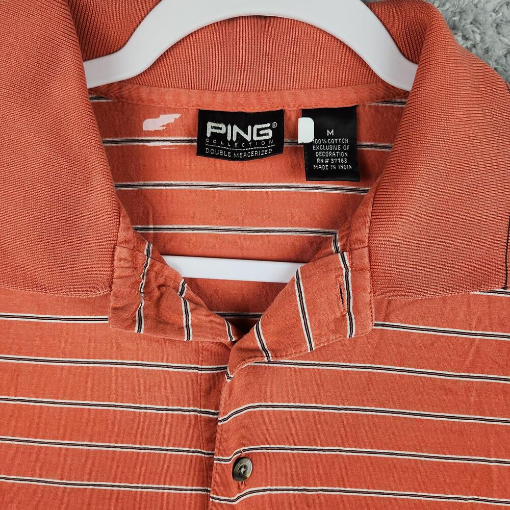 Ping Polo Shirt Mens Medium Orange Stripe 100% Cotton Double Mercerized Golf